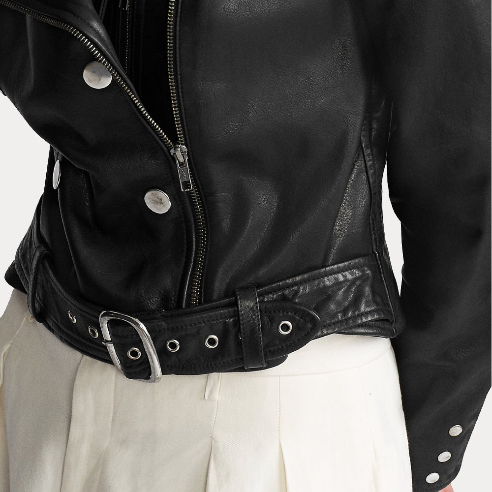 Women's Black Belted Sheepskin Motorcycle Leather Jacket - Image 3