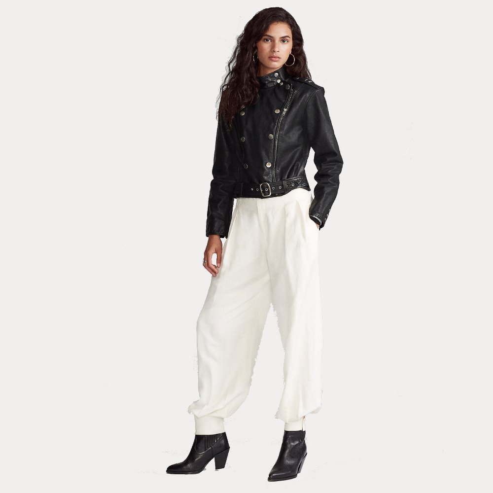 Women's Black Belted Sheepskin Motorcycle Leather Jacket - Image 6