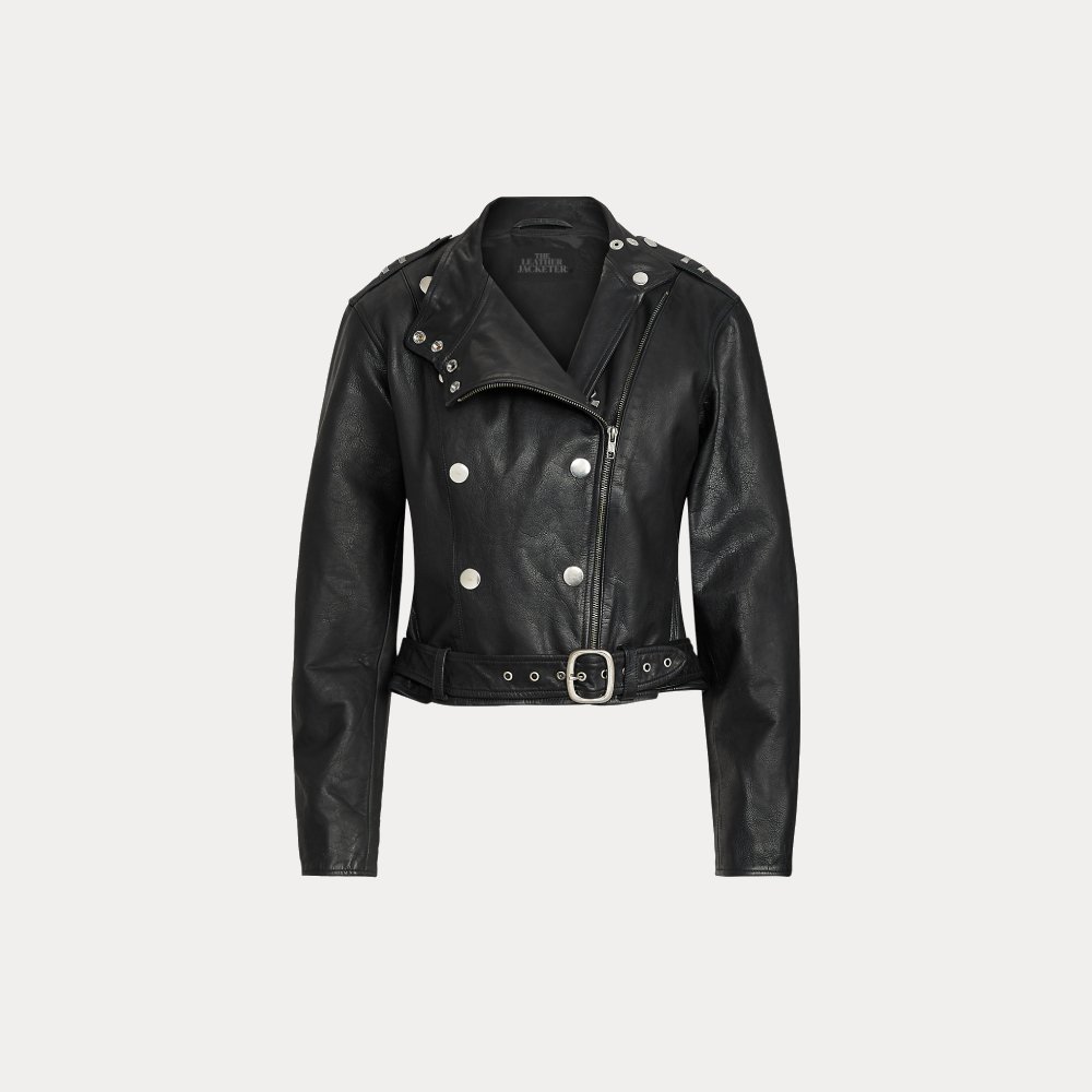 Women's Black Belted Sheepskin Motorcycle Leather Jacket - Image 5