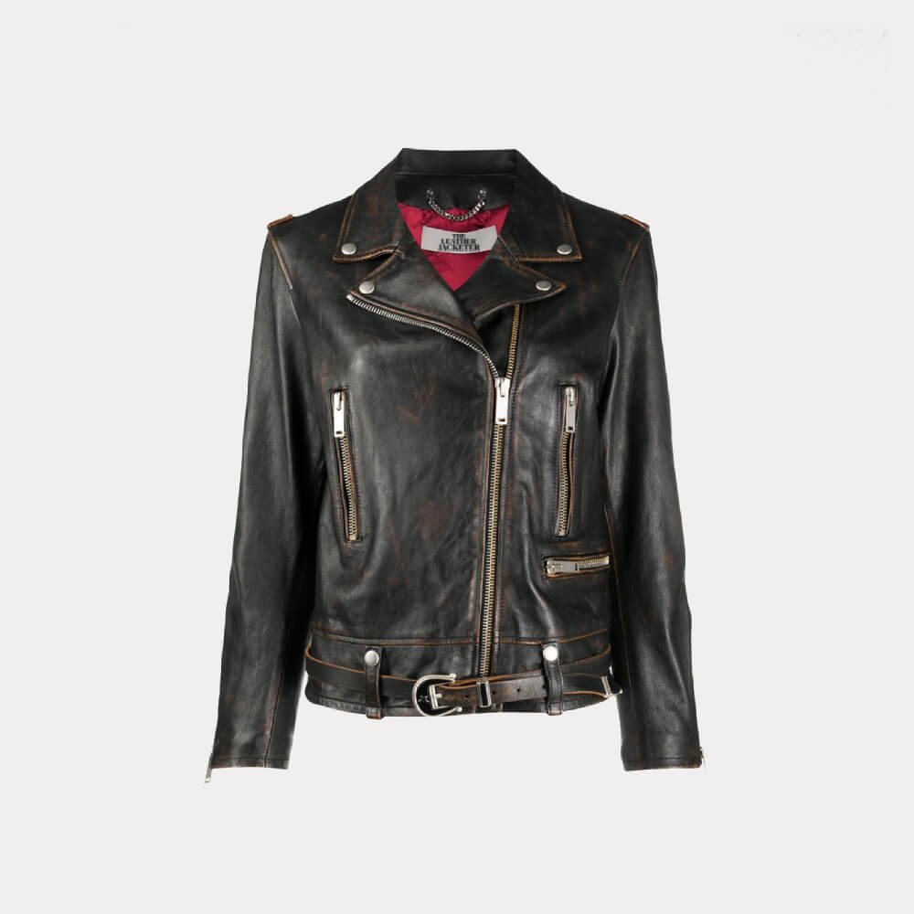 Womens Black Distressed Biker Leather Jacket - Image 5