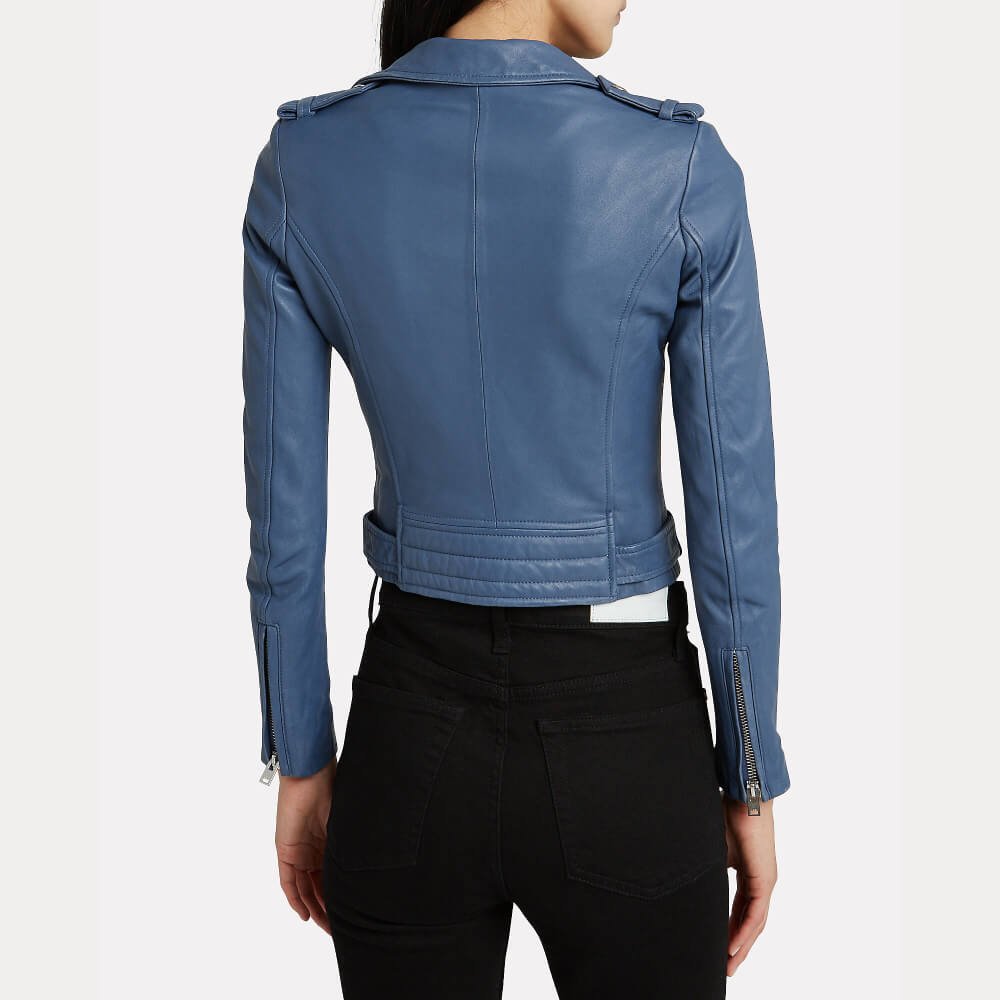 Womens Blue Slim Fit Motorcycle Leather Jacket - Image 2