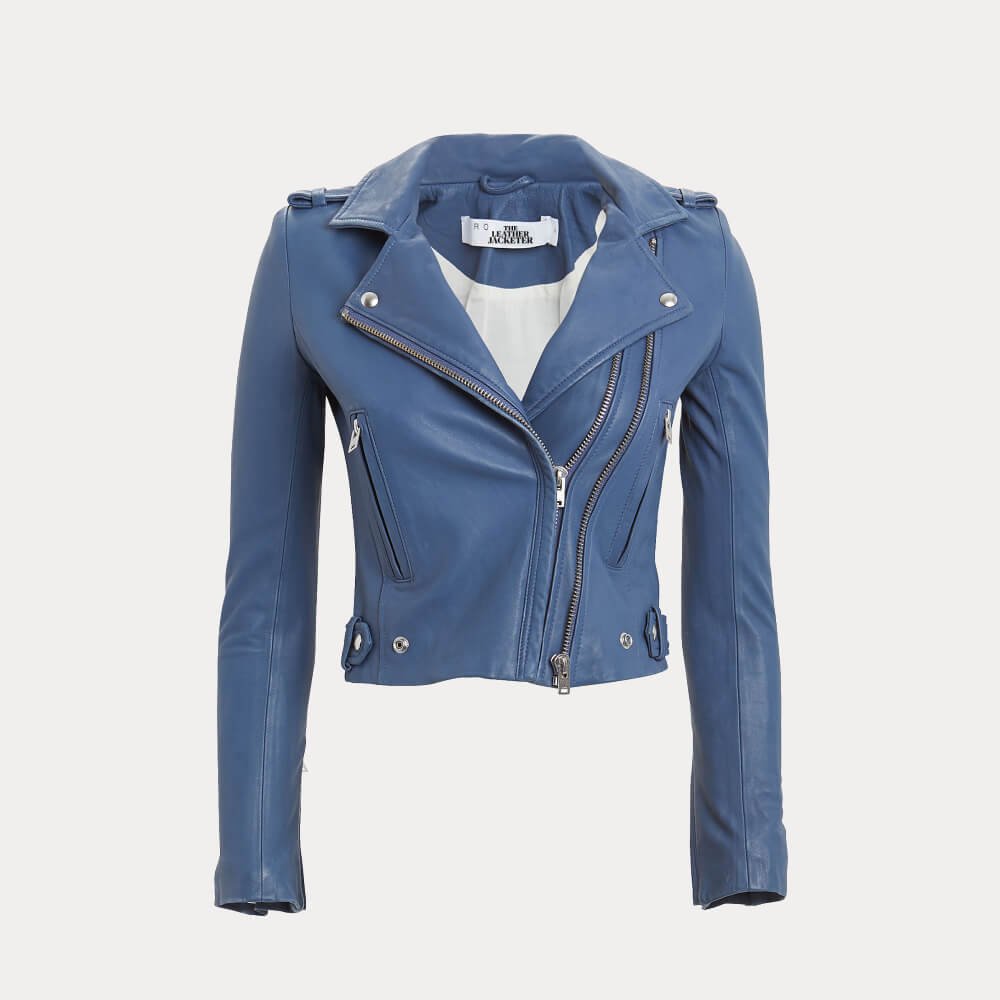 Womens Blue Slim Fit Motorcycle Leather Jacket - Image 5