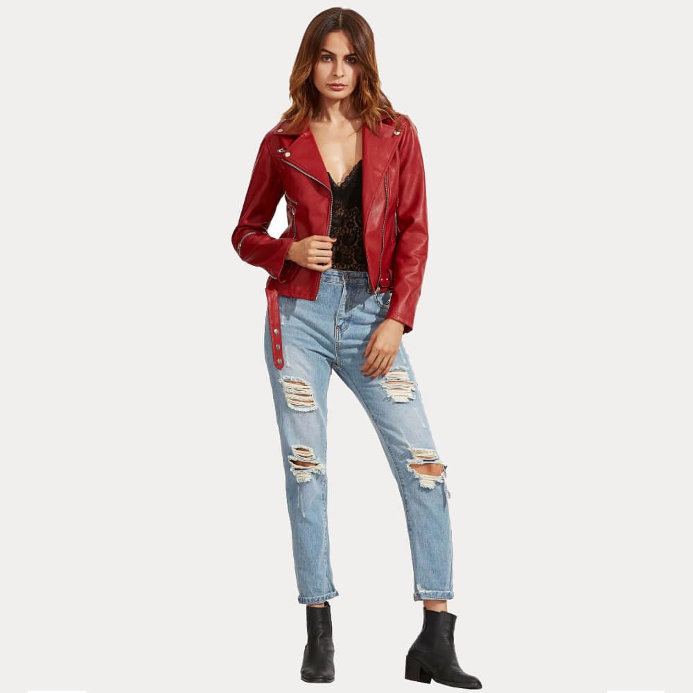 Womens Red Slim Fit Biker Leather Jacket - Image 5