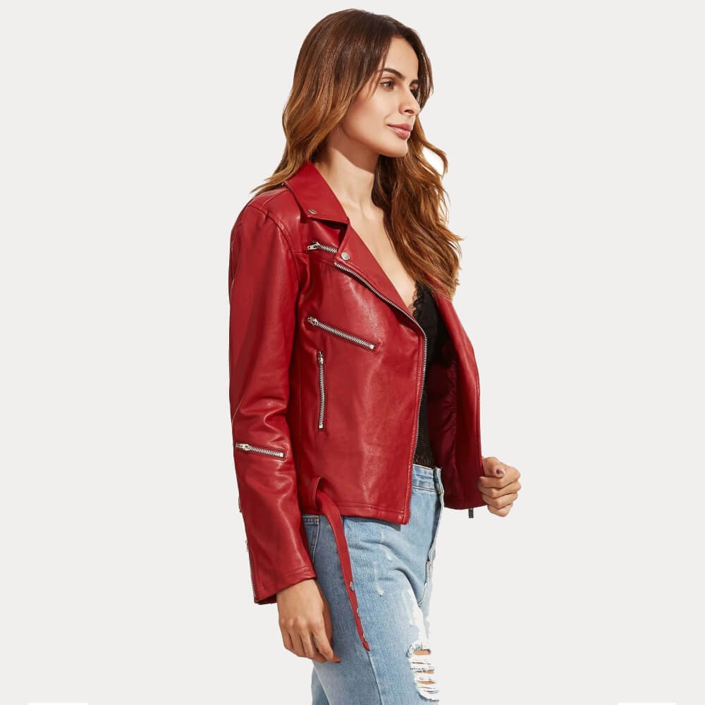 Womens Red Slim Fit Biker Leather Jacket - Image 4
