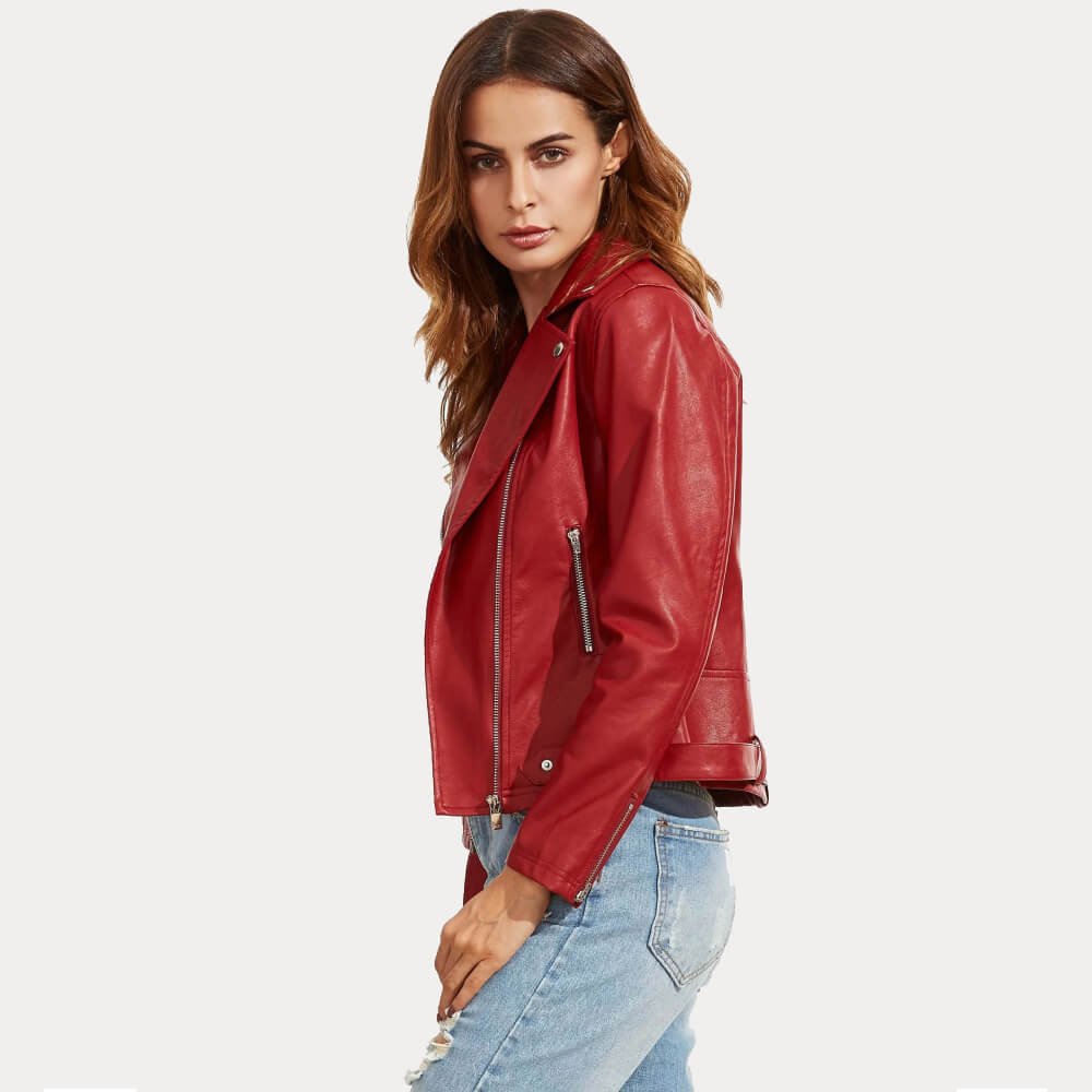 Womens Red Slim Fit Biker Leather Jacket - Image 3