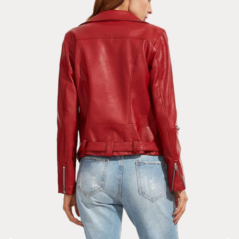 Womens Red Slim Fit Biker Leather Jacket - Image 2