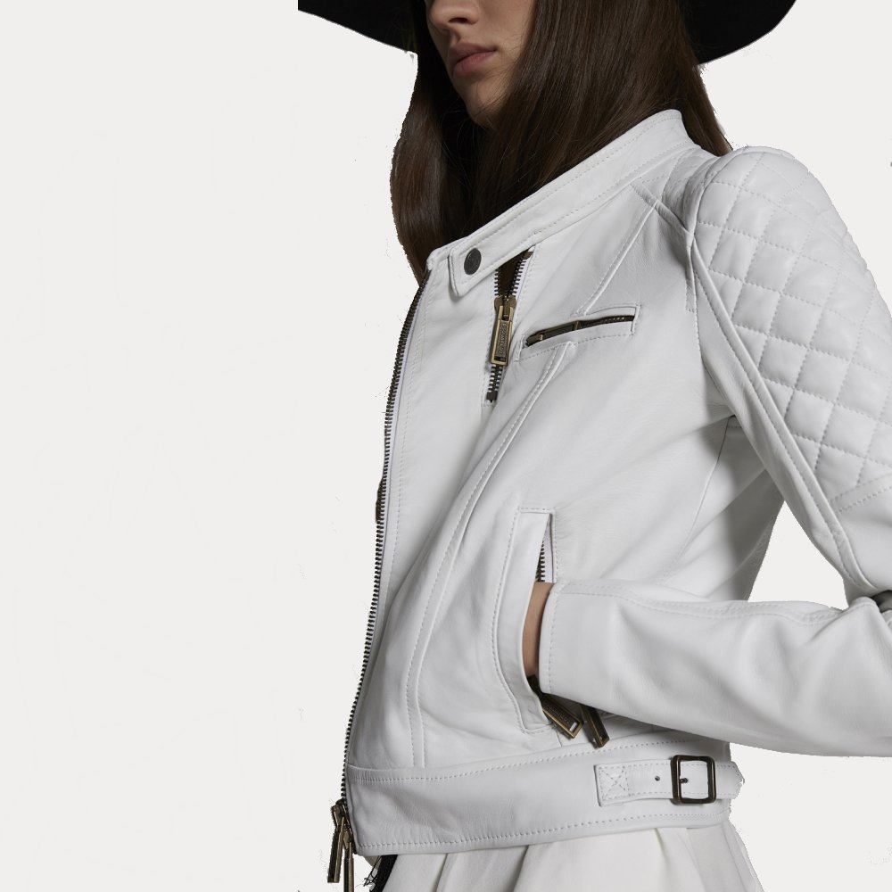 Womens White Kiodo Quilted Leather Jacket - Image 3