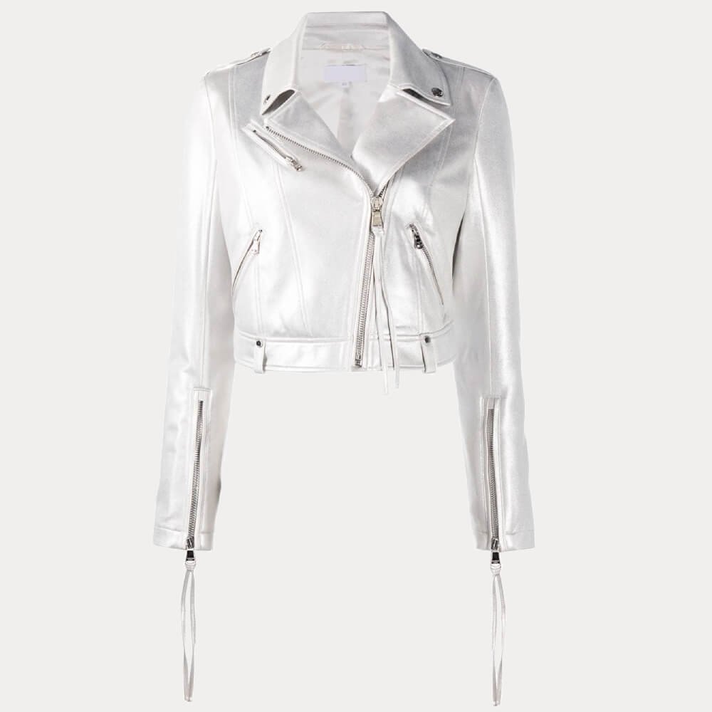 Womens White Metallic Biker Moto Leather Jacket - Image 5