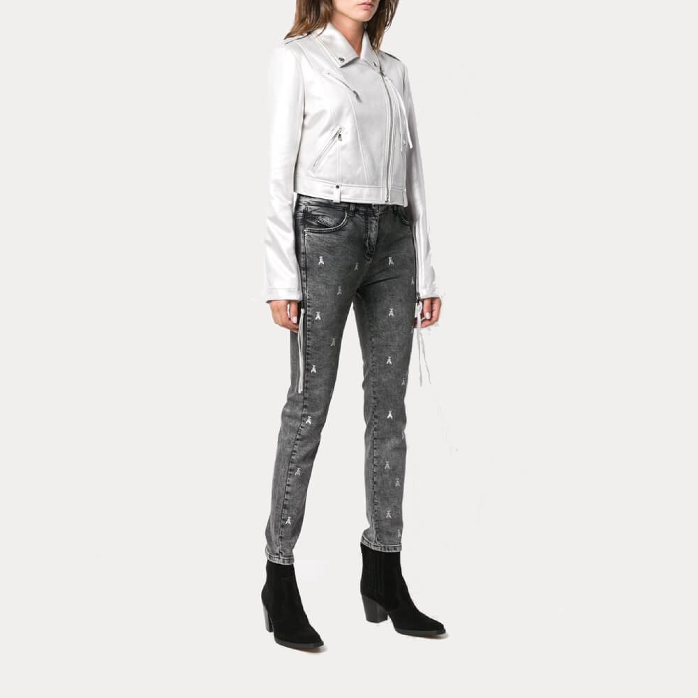 Womens White Metallic Biker Moto Leather Jacket - Image 3