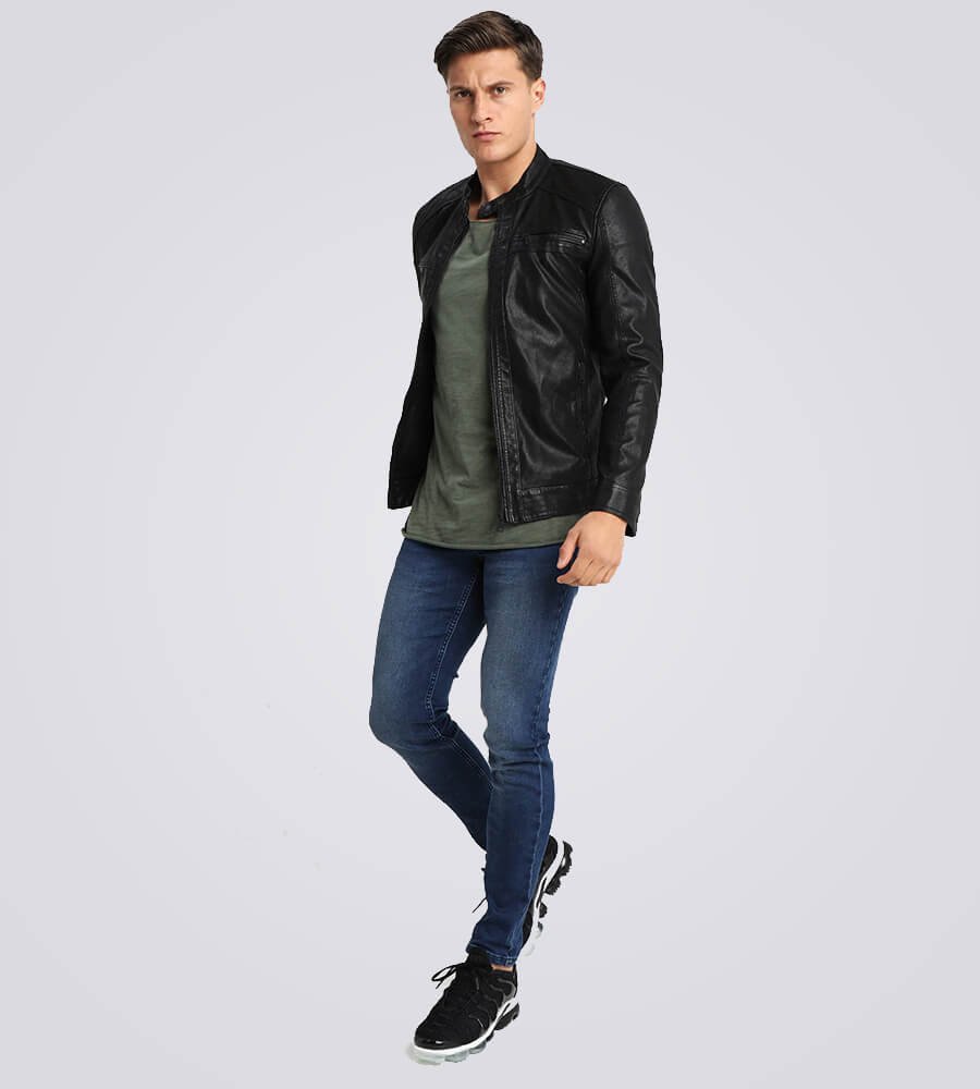Mens-Classic-Black-Cafe-Racer-Leather-Jacket