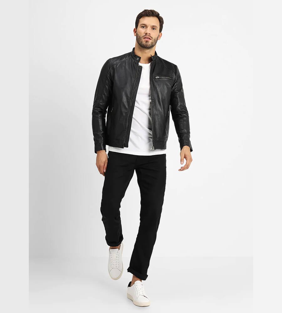 Mens Classic Black Cafe Racer Leather Jacket