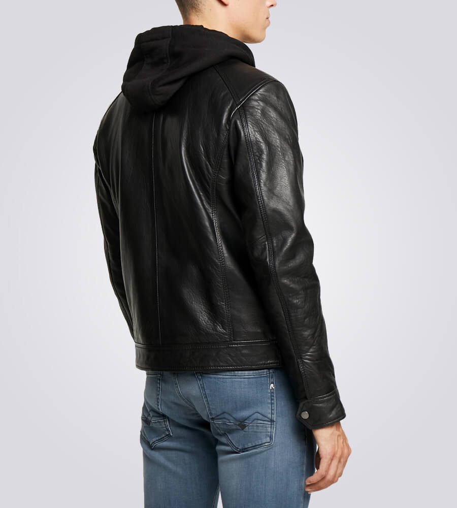 Nils Black Hooded Biker Jacket