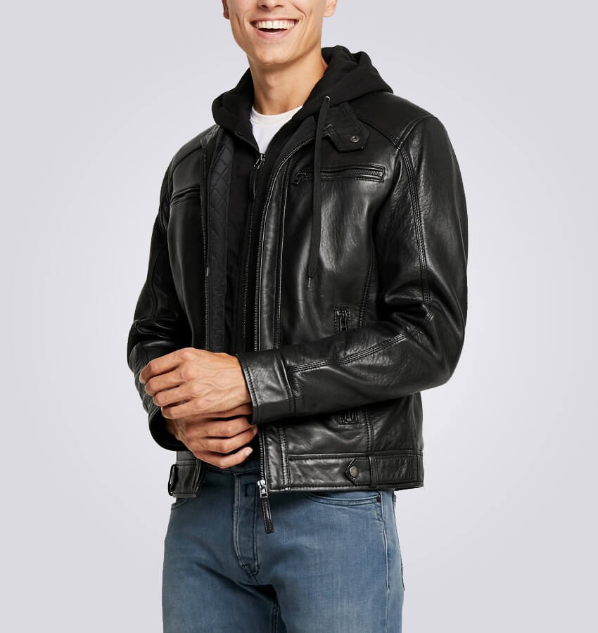 Nils Black Hooded Biker Jacket