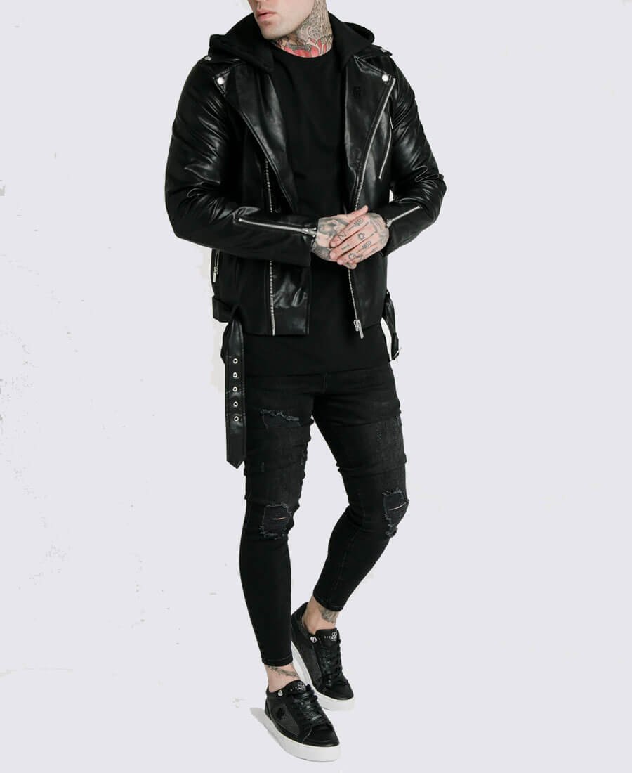 Leon Black Asymmetrical Belted Biker Hooded Leather Jacket