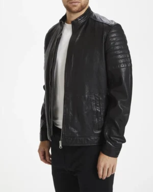 Davis cafe racer black leather jacket side view