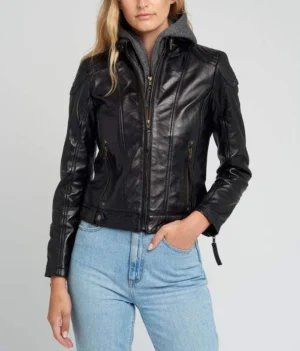 Eliza black removable hooded leather jacket front view