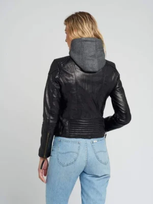 Eliza black removable hooded leather jacket full back view