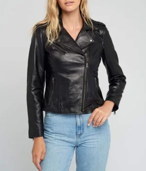 Ella biker asymmetrical notch collar womens leather jacket front view
