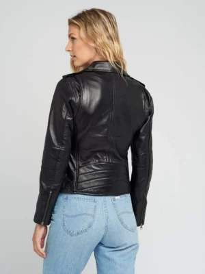 Ella biker asymmetrical notch collar womens leather jacket full back view
