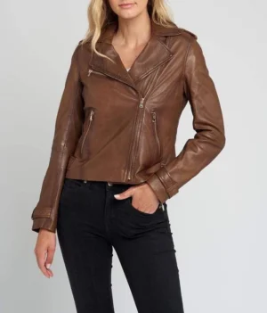 Ella vintage brown biker leather jacket font view