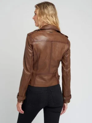 Ella vintage brown biker leather jacket full back view