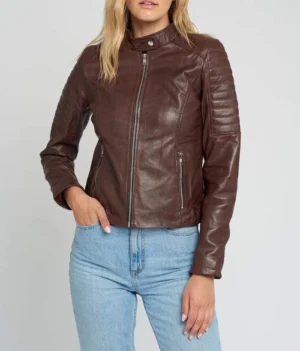 Hayley brown quilted cafe racer leather jacket front view