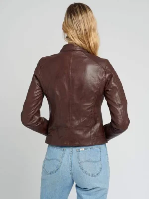 Hayley brown quilted cafe racer leather jacket full back view