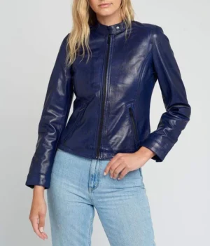 Jessy blue cafe race stand collar leather jacket front view