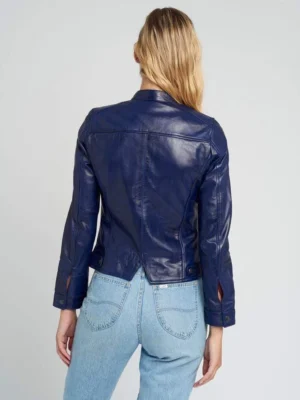 Jessy blue cafe race stand collar leather jacket full back view
