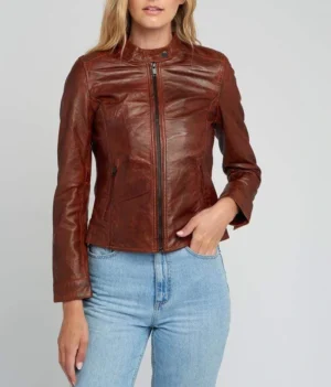 Jessy womens brown cafe racer leather jacket