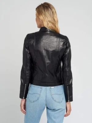 Kathy black cafe racer leather jacket back view
