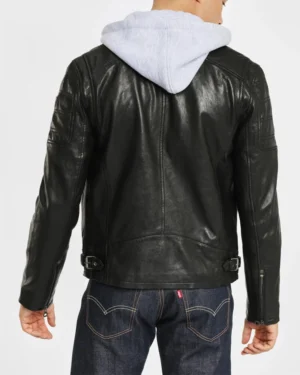 Leo black hooded leather jacket back view