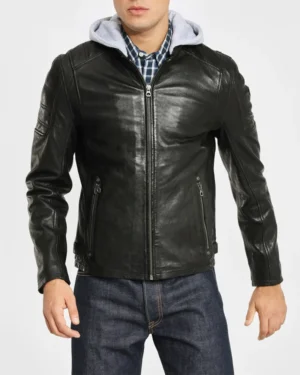 Leo black hooded leather jacket front view