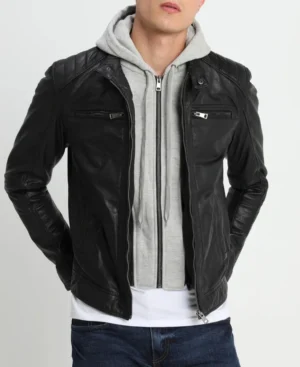 Leo hooded cafe racer black leather jacket