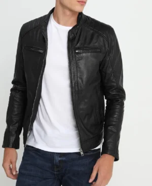 Leo hooded cafe racer black leather jacket front view