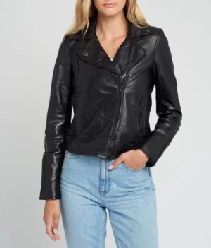 Liza black hardware black moto leather jacket front view