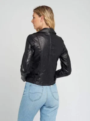 Liza black hardware black moto leather jacket full back view