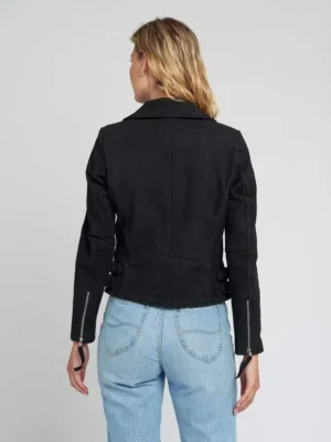 Liza black suede notch collar leather jacket back view