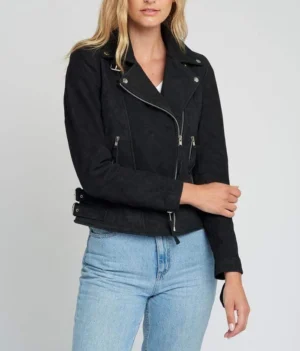 Liza black suede notch collar leather jacket front view