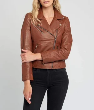 Liza brown notch collar biker leather jacket front view