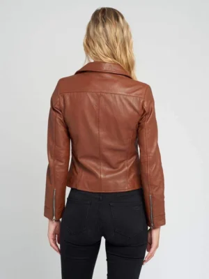 Liza brown notch collar biker leather jacket full back view