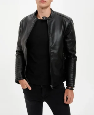 Mark faux racer leather jacket front view