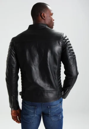 Mens charcoal black leather cafe racer jacket back view