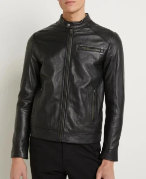 Mens classic black cafe racer leather jacket