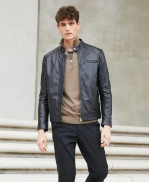 Mens classic black cafe racer leather jacket full front view