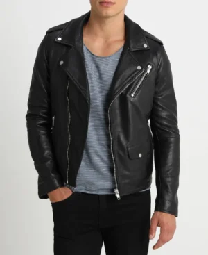 Mens ethan black biker leather jacket front view