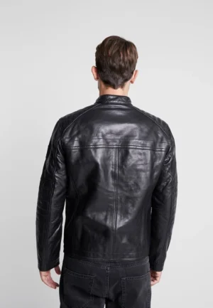 Milo mens black cafe racer leather jacket back view