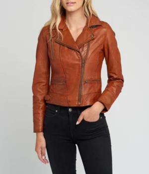 Monica ladies tanned asymmetrical moto leather jacket front view