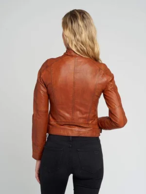 Monica ladies tanned asymmetrical moto leather jacket full back view