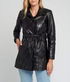 Nora belted black leather jacket front view